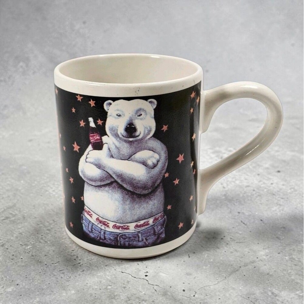 1998 Coca-Cola Vintage Polar Bear Mug Gibson 90s Collectible Coke Black Stars
